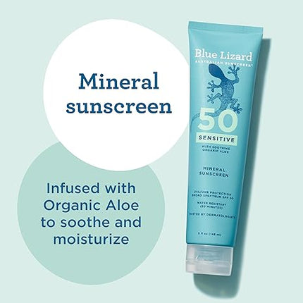 Blue Lizard Sensitive Mineral SPF 50 Sunscreen Lotion, 100% Mineral Sunscreen, 5 fl oz