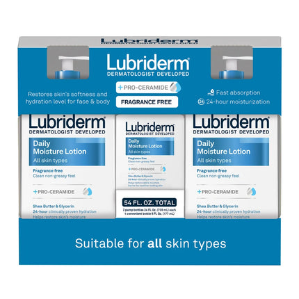 Lubriderm Daily Moisture Lotion, Fragrance Free 24 fl oz, 2-count + 6 fl oz Travel Size
