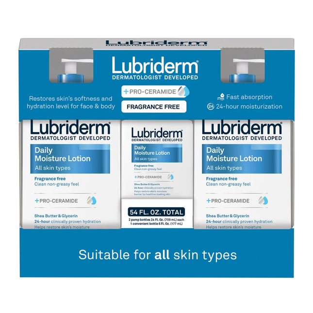 Lubriderm Daily Moisture Lotion, Fragrance Free 24 fl oz, 2-count + 6 fl oz Travel Size