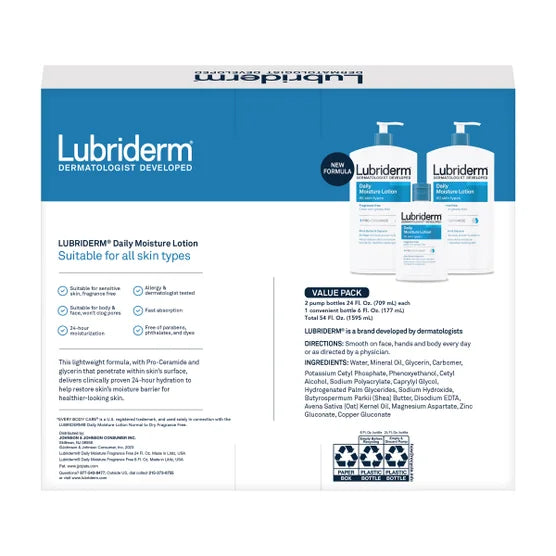Lubriderm Daily Moisture Lotion, Fragrance Free 24 fl oz, 2-count + 6 fl oz Travel Size